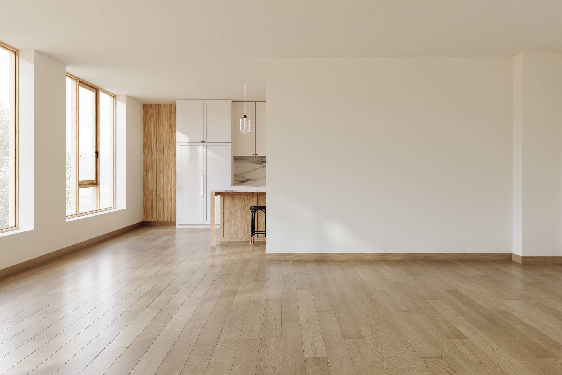 Heller Wohnraum mit großflächigem Eichenparkett und offener Küche