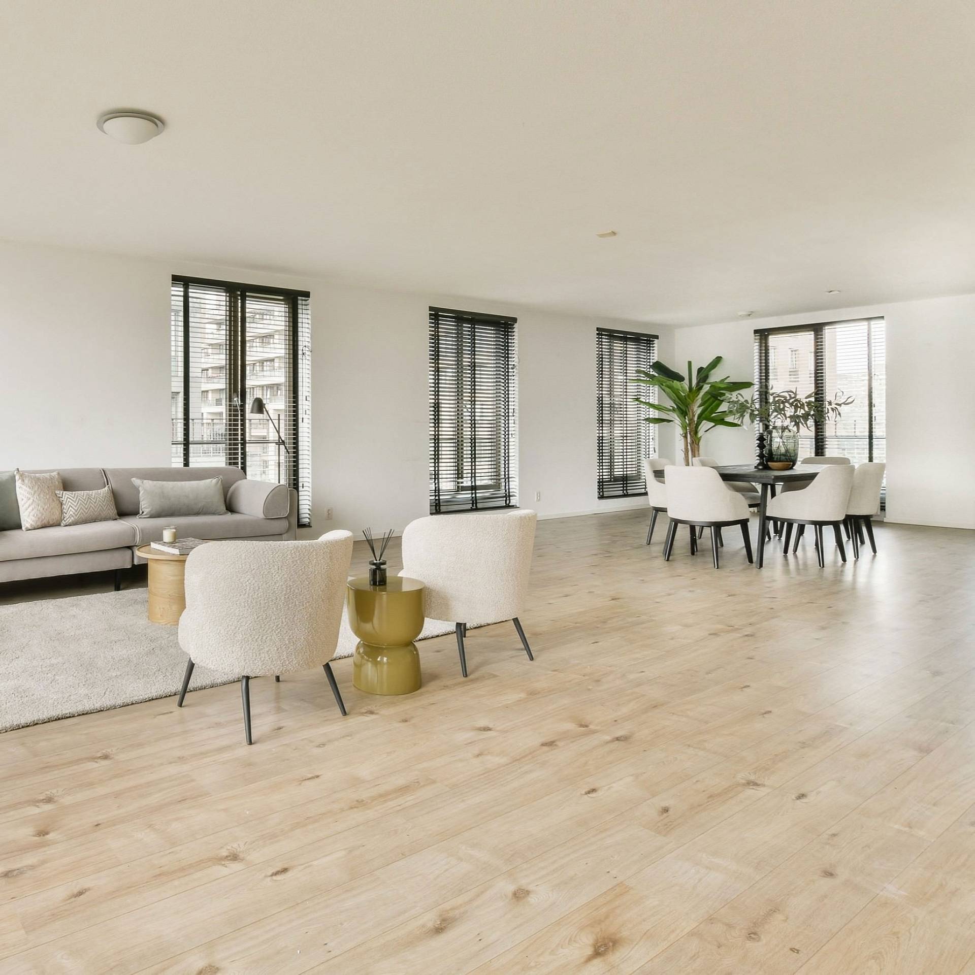 Großzügiger Wohn- und Essbereich mit hellem Eichenparkett und moderner Einrichtung