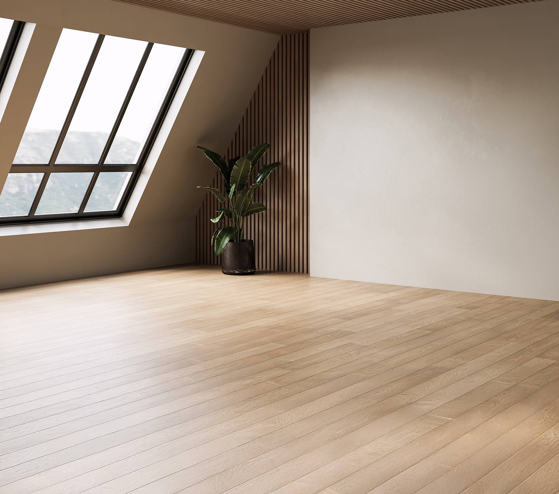 Heller Dachraum mit Eichenparkett, großer Dachfensterfront und moderner Holzlamellenwand.