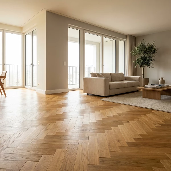 Großzügiger Wohnraum mit klassischem Fischgrätparkett aus Eiche, bodentiefen Fenstern, Sofa und heller, moderner Einrichtung.