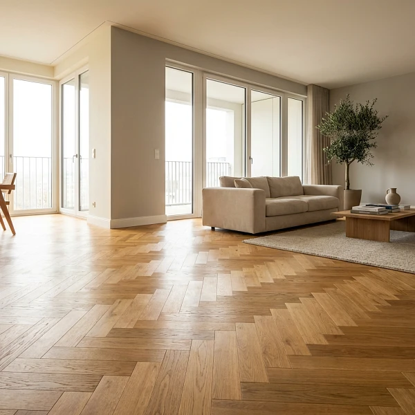 Großzügiger Wohnraum mit klassischem Fischgrätparkett aus Eiche, bodentiefen Fenstern, Sofa und heller, moderner Einrichtung.