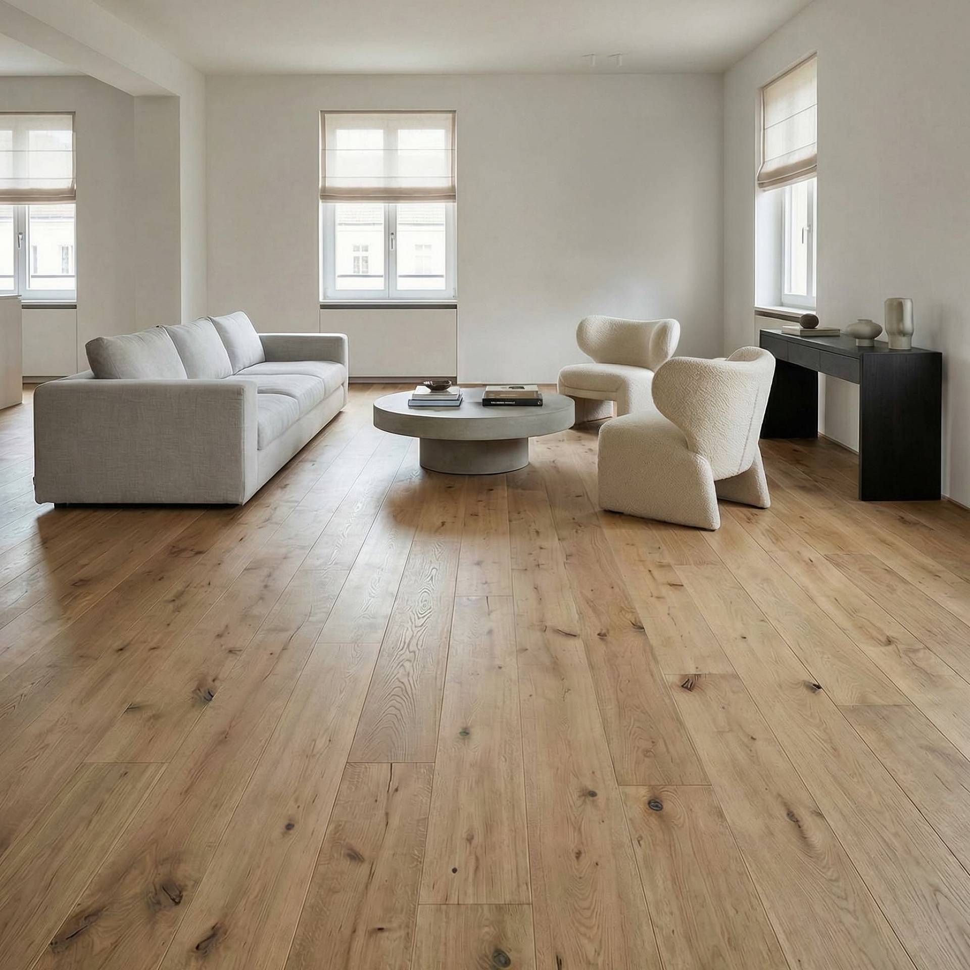 Wohnzimmer mit rustikalem Eichenparkett und heller, moderner Einrichtung