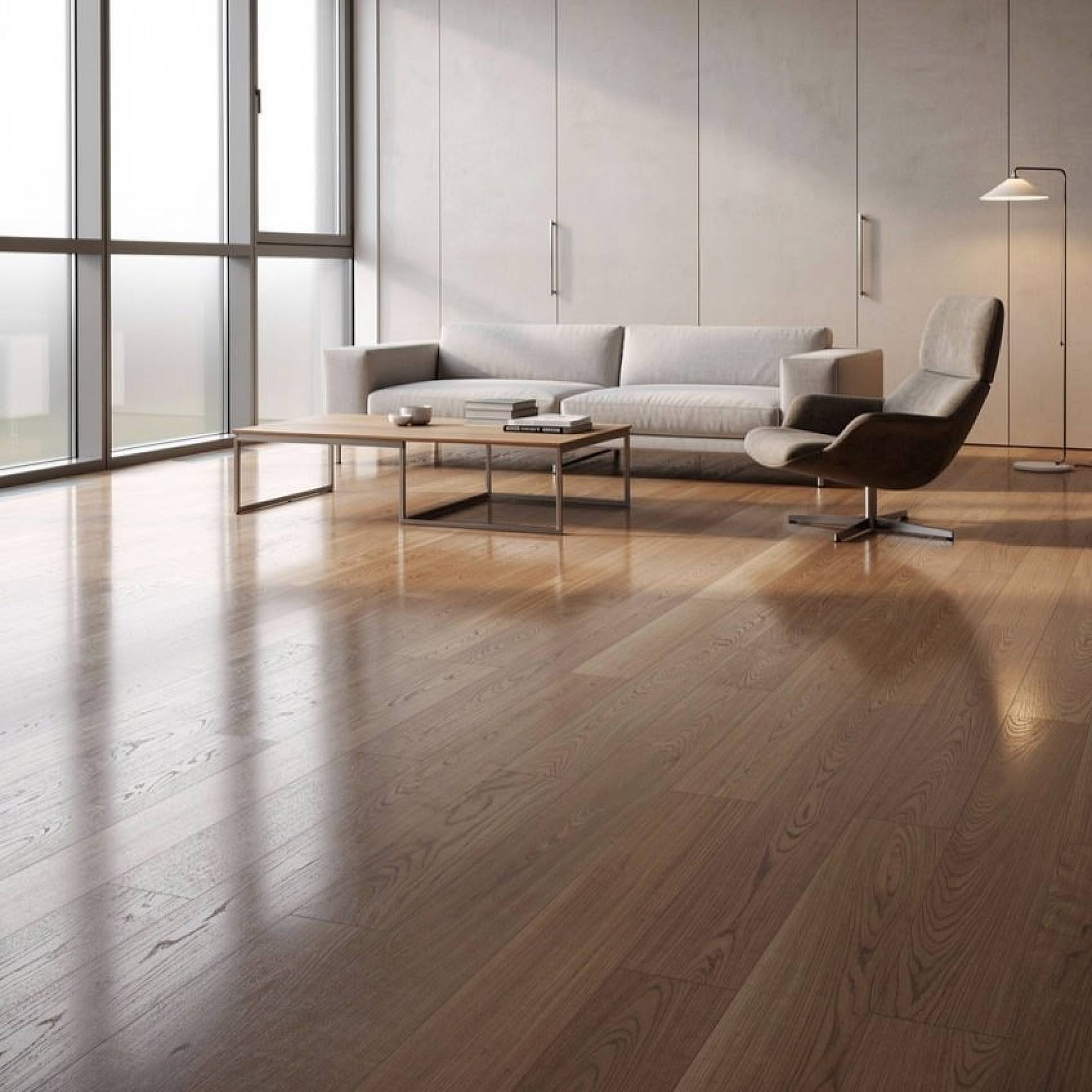 Moderner Wohnraum mit großzügigem Eichenparkett und bodentiefen Fenstern