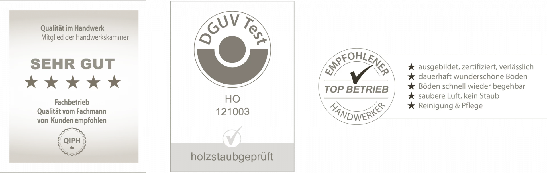 Grafische Darstellung mehrerer Auszeichnungen und Qualitätssiegel wie DGV-Test, Top-Handwerker und Kundenempfehlungen.