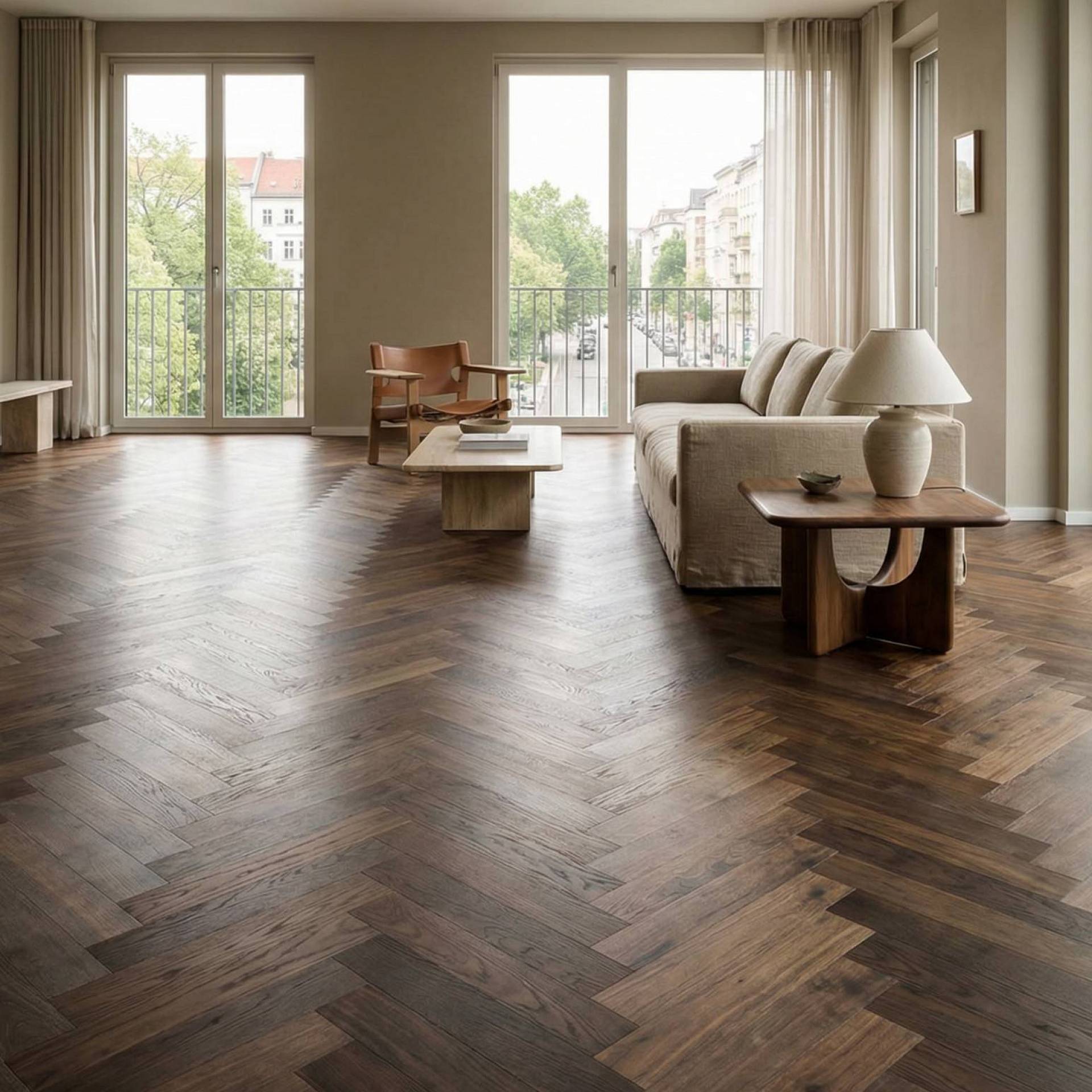 Wohnzimmer mit dunklem Fischgrätparkett und moderner Einrichtung