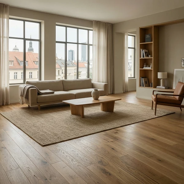 Heller Wohnraum mit breiten Eichen-Landhausdielen, Sofa, Teppich und großen Fenstern mit Blick auf eine städtische Umgebung.