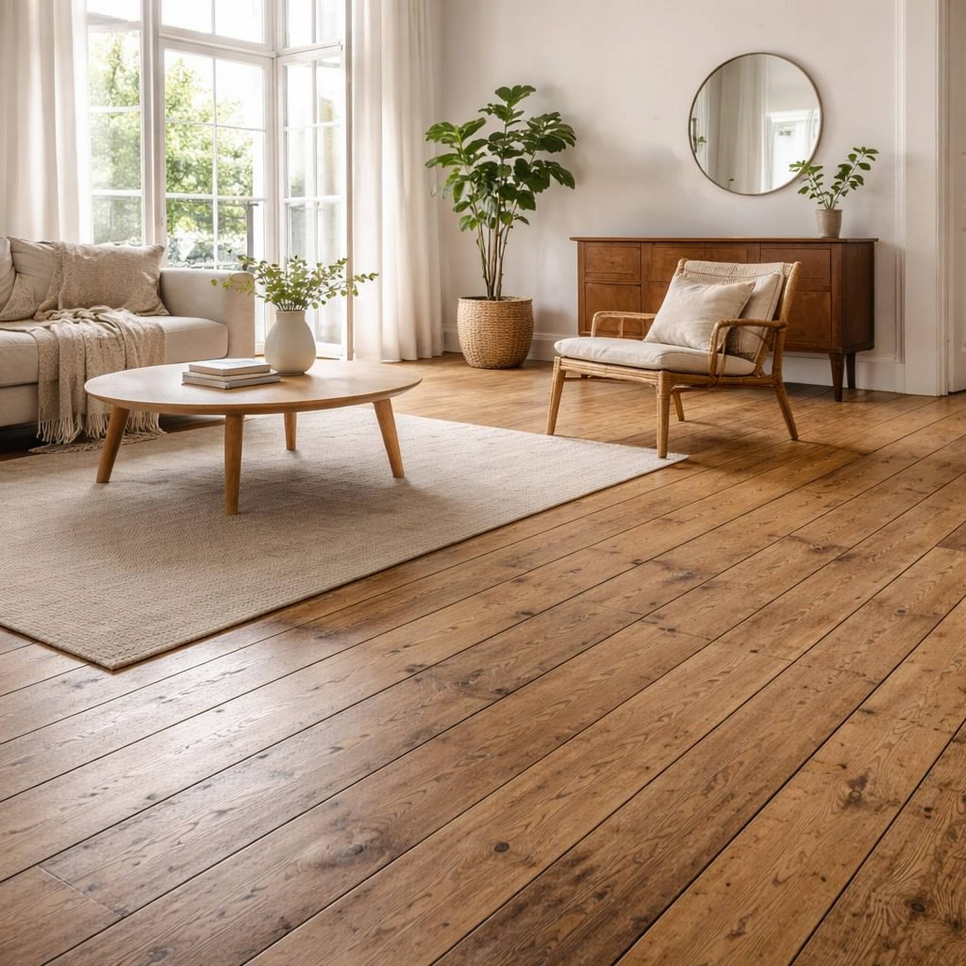Wohnzimmer mit breiten Holzdielen und natürlichem, warmem Holzton