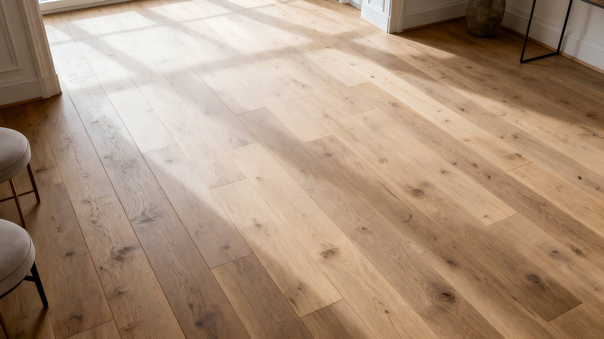 Wohnraum mit breiten Landhausdielen aus Holz, gleichmäßig verlegt und von Tageslicht beleuchtet.