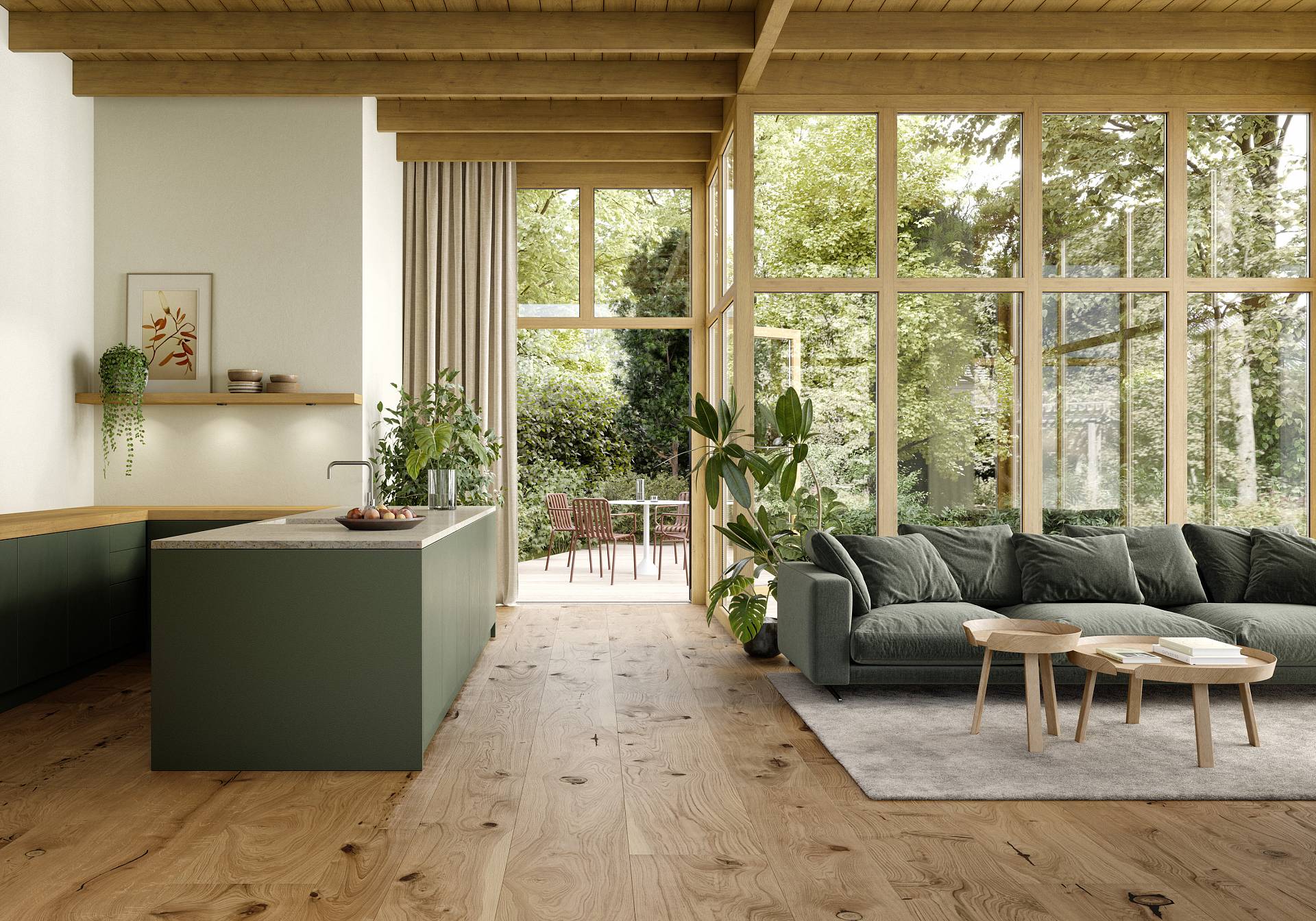 Offener Wohnbereich mit breiten Eichen-Landhausdielen, grüner Küche, Sofa und bodentiefen Fenstern mit Blick ins Grüne.