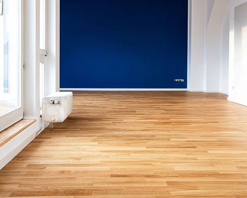 Großzügiges Zimmer mit Parkettboden und kräftiger Wandfarbe