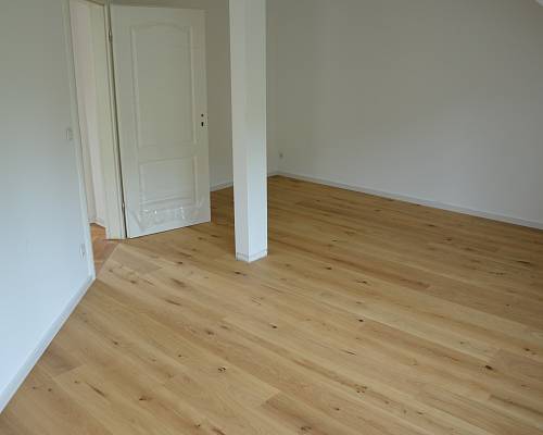 Moderner Wohnbereich mit breiten Eichendielen und natürlicher Sortierung.