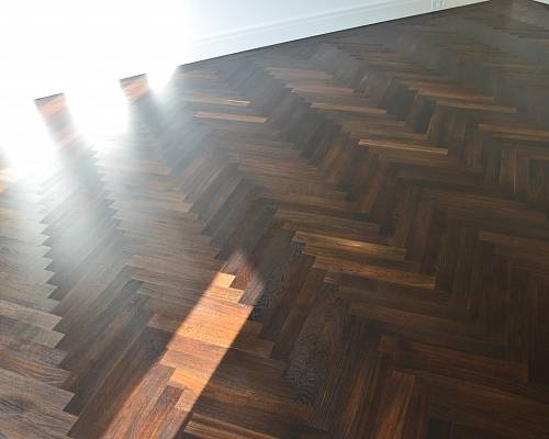 Detailaufnahme von edlem, dunkelbraunem Fischgrätparkett im Sonnenlicht.