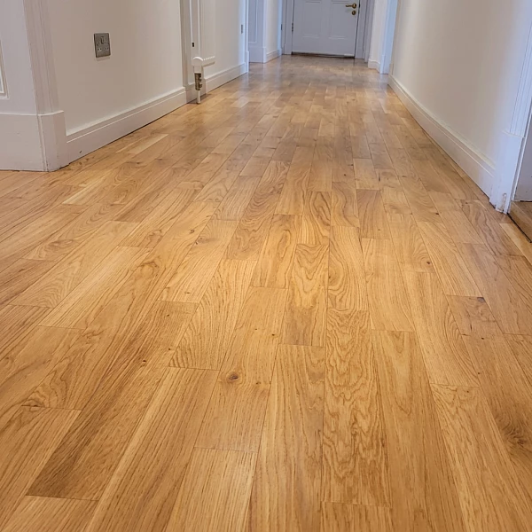 Flur mit geschliffenen und neu lackiertem Eichenparkett in einer Berliner Altbauwohnung