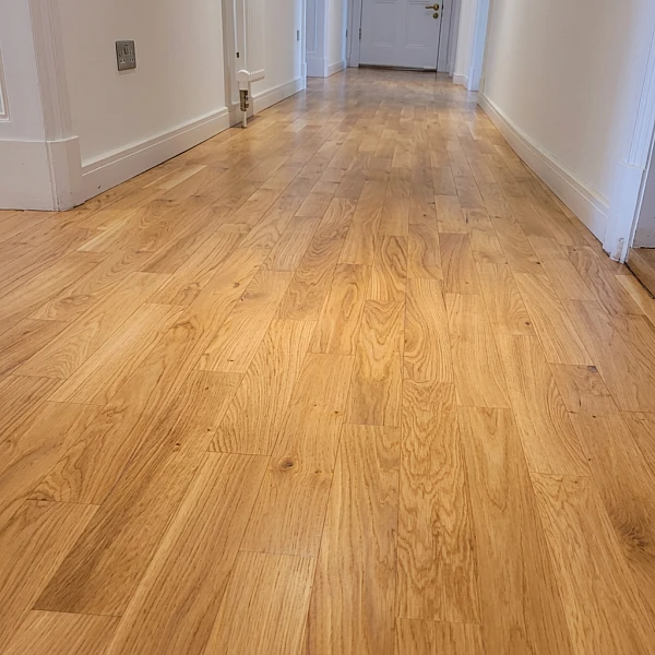 Flur mit geschliffenen und neu lackiertem Eichenparkett in einer Berliner Altbauwohnung