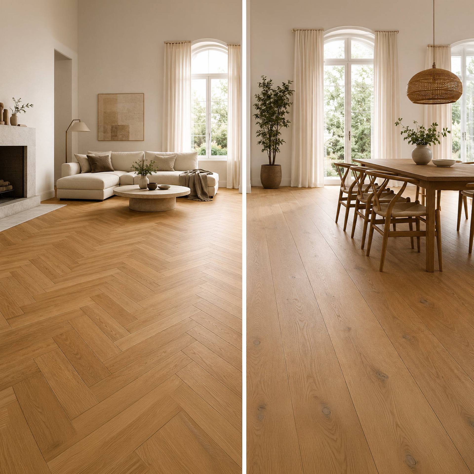 Vergleichsbild mittig geteilt - auf der linken Seite: Wohnraumbild modern puristisch eingerichtet mit Eiche Fischgrät Parkett - auf der rechten Seite: Wohnraumbild mit Echtholzesstisch und großen Landhausdielen