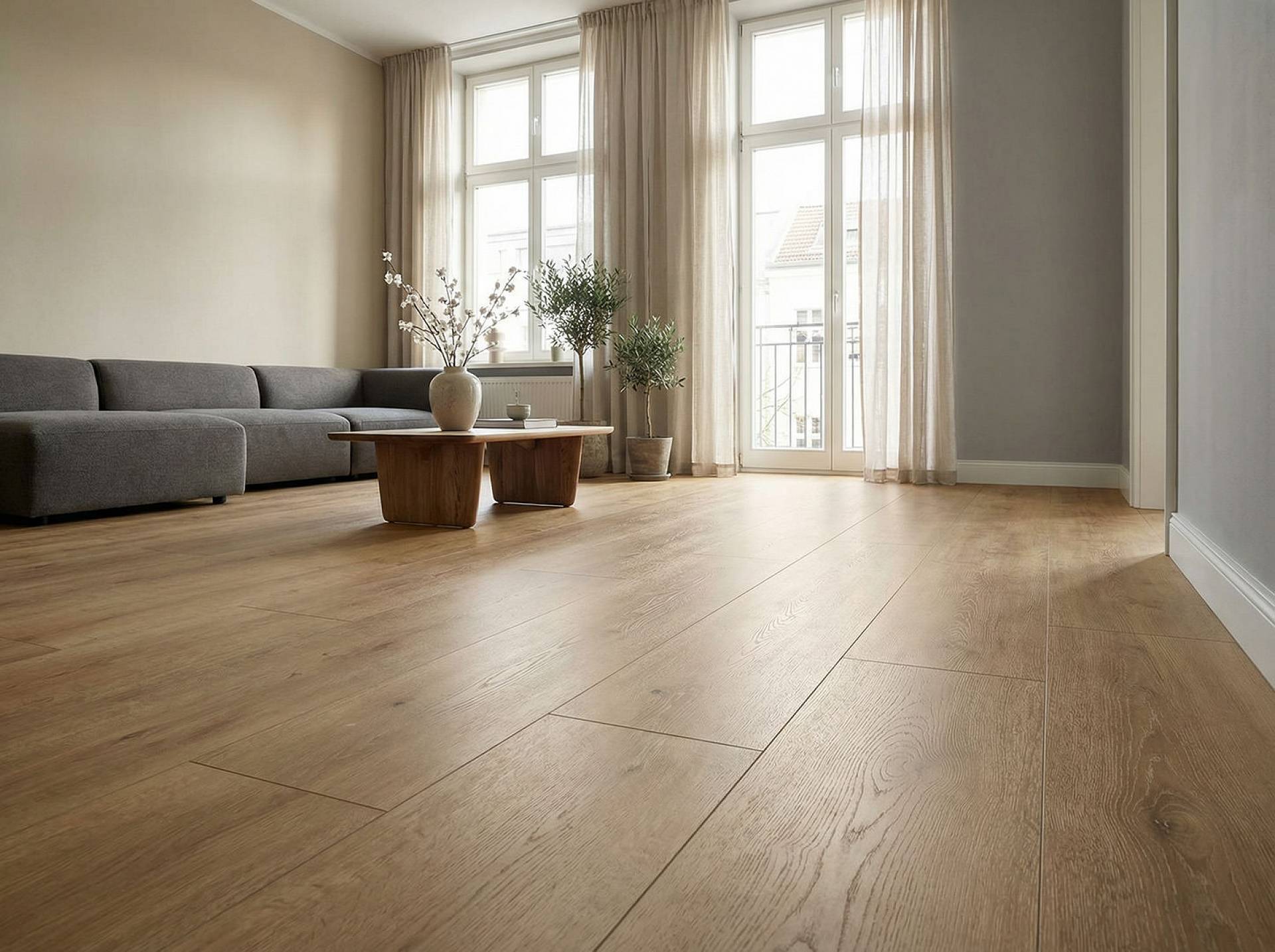 Heller Wohnraum mit Sofa, Couchtisch und großen Fenstern auf fertig verlegtem, warmem Laminatboden in Holzoptik.