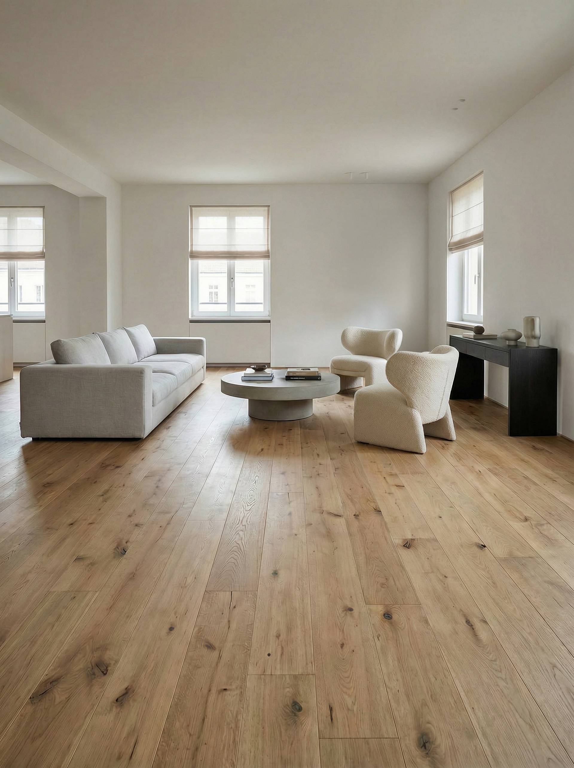 Helles, modernes Wohnzimmer mit breiten Holzdielen, Sofa, Sesseln, Couchtisch und großen Fenstern.