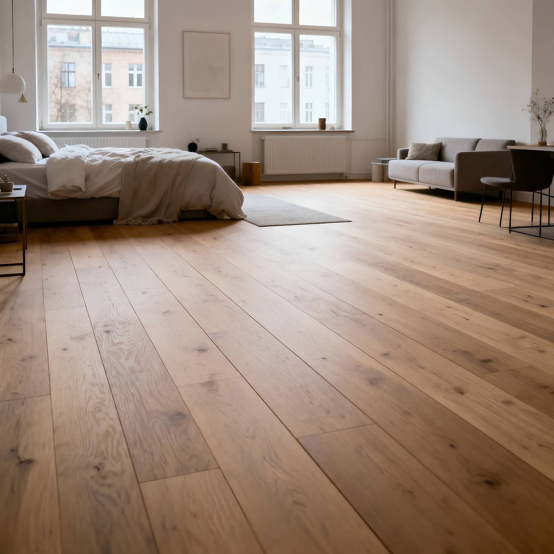 Modernes Schlafzimmer mit großen Fenstern und breiten, hellen Holzdielen im Vordergrund, minimalistisch eingerichtet und lichtdurchflutet.