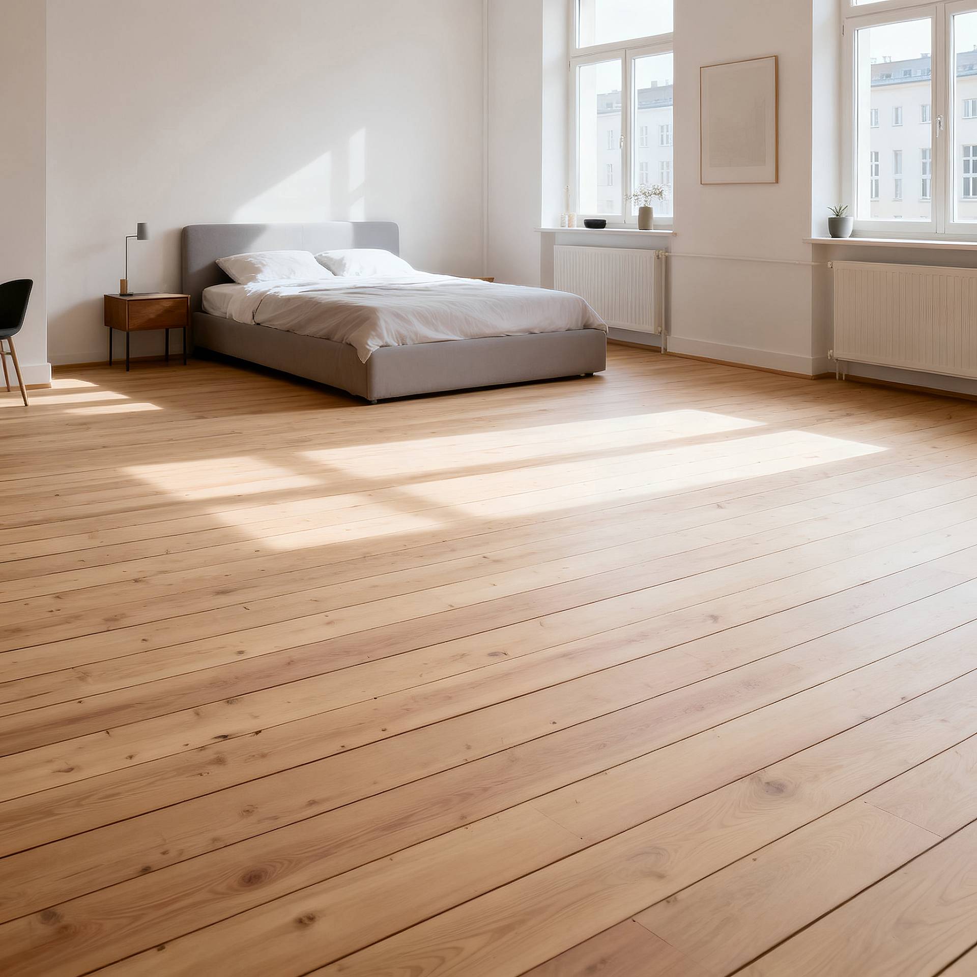 Helles, minimalistisches Schlafzimmer mit breiten, abgeschliffenen Holzdielen, Tageslicht und moderner Einrichtung.