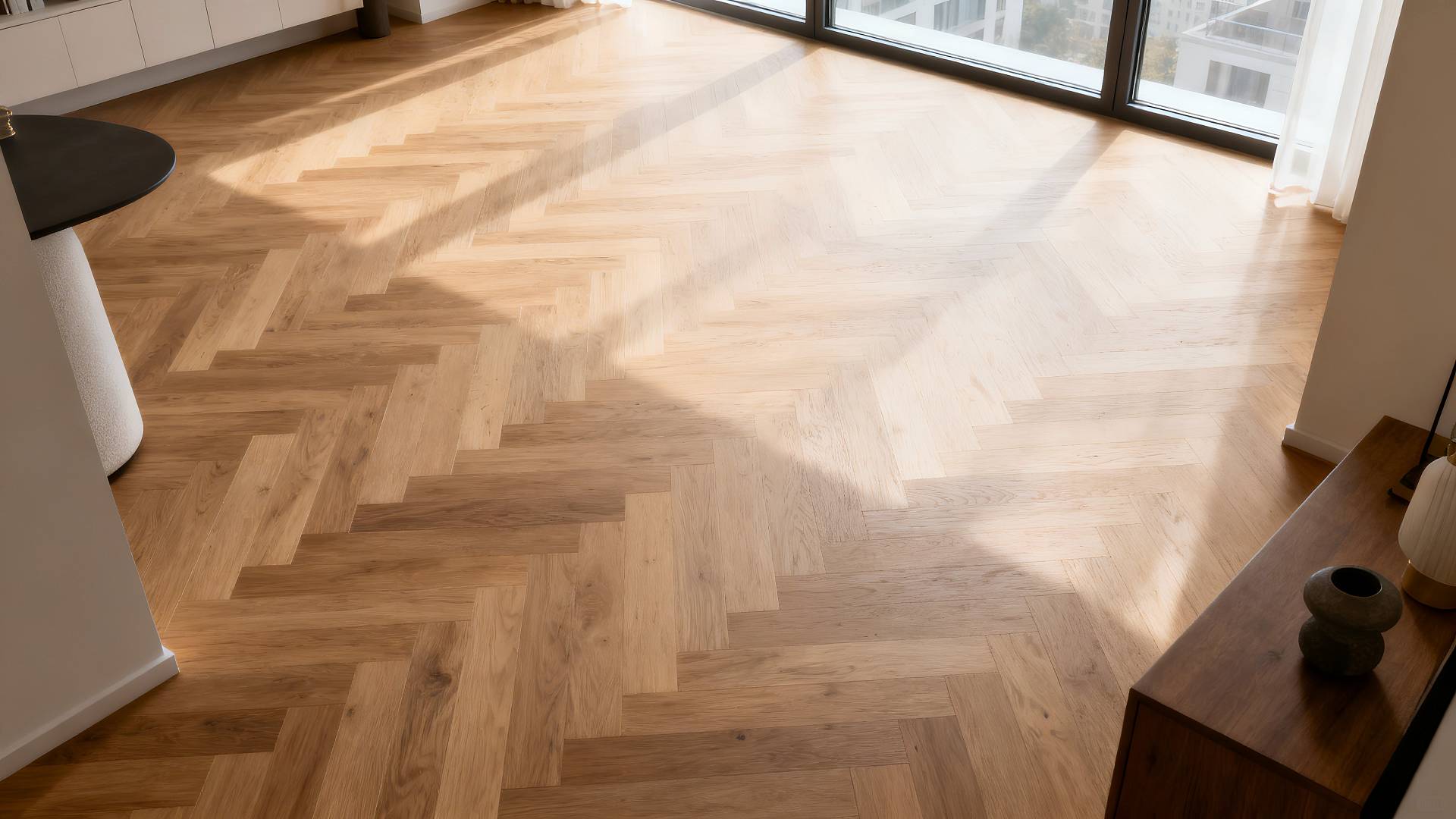 Moderner Wohnraum mit hellem Fischgrätparkett, bodentiefen Fenstern und natürlichem Tageslicht.