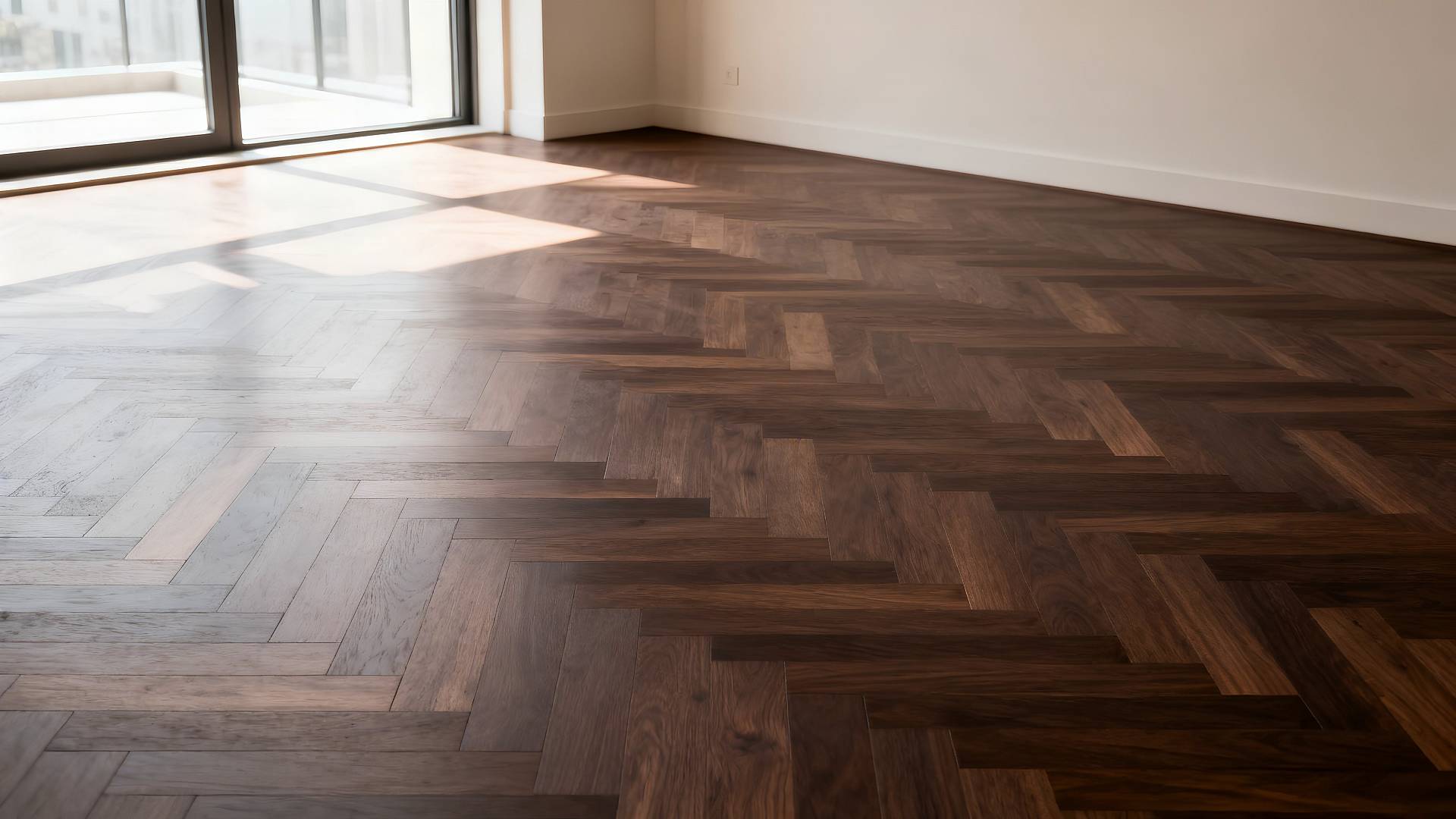 Leerer Raum mit dunklem Fischgrätparkett, bodentiefem Fenster und einfallendem Tageslicht.
